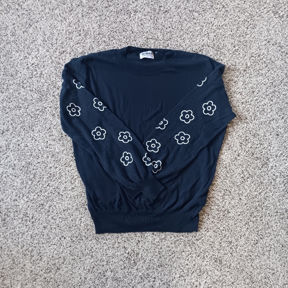 27 Miles Malibu Sweaters - 27 Miles 100% Cotton Sweater Navy Blue With Flower Sleeve